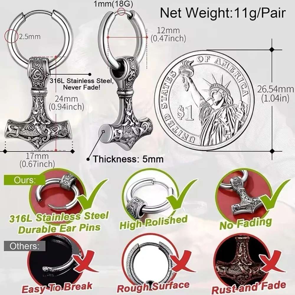 18K White Gold Mjolnir Thor’s Hammer Viking Celtic Runes Unisex Hoop Earrings